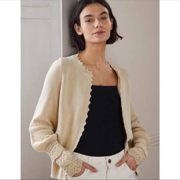 Boden Sweaters - Boden 8 Crochet Sleeve Detail Knitted Open Front Cardigan Sweater in Oatmeal